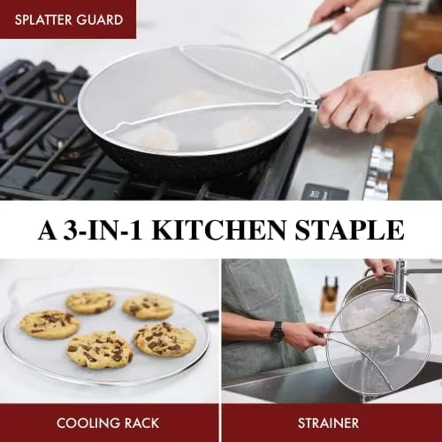 Splatter Screen for Frying Pan - 13 Inch Stainless Steel Grease Splatter Guard - Cover Oil Splash when Sizzling Bacon - Cooking Fried Chicken or