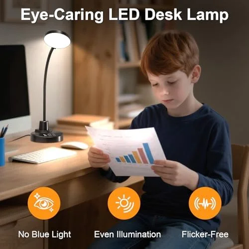 15W LED Desk Lamp with USB Charging Ports – Dimmable Table Lamp with 3 Color Temps - 5 Brightness, 4 Timers, Flexible Gooseneck Light with Base