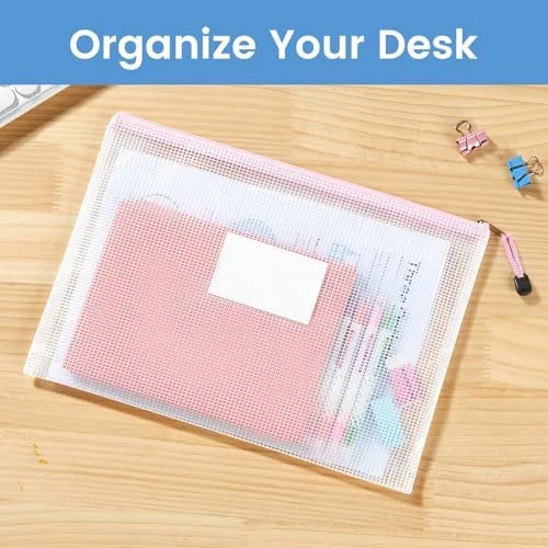 Sooez 20 Pack Mesh Zipper Pouch Bags, A4 Letter Size, Zipper Bags with Label Pocket, Waterproof Pouches for Classroom Organizer, Board Game Toy