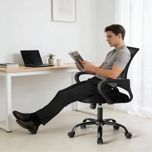 OLIXIS Office Desk Chair - Ergonomic Mid Back with Lumbar Support & Rocking Mode - Height Adjustable with Fixed Armrest, Storage Back for Computer