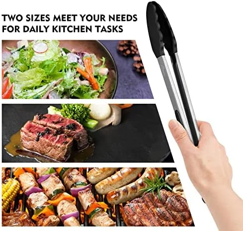 HOTEC Premium Stainless Steel Locking Kitchen Tongs with Silicon Tips - Set of 2-9" and 12"