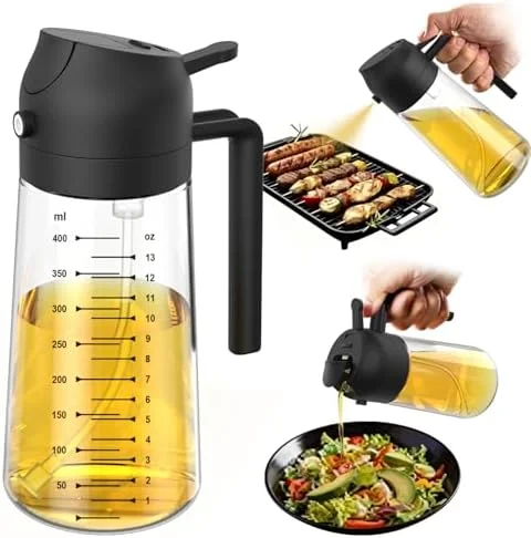 TrendPlain 16oz/470ml Glass Olive Oil Sprayer for Cooking – 2 in 1 Olive Oil Dispenser Bottle for Kitchen Gadgets and Air Fryer Accessories, Salad