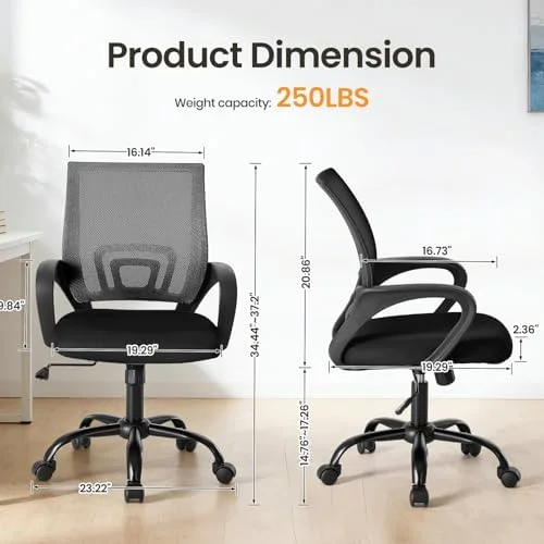 OLIXIS Office Desk Chair - Ergonomic Mid Back with Lumbar Support & Rocking Mode - Height Adjustable with Fixed Armrest, Storage Back for Computer