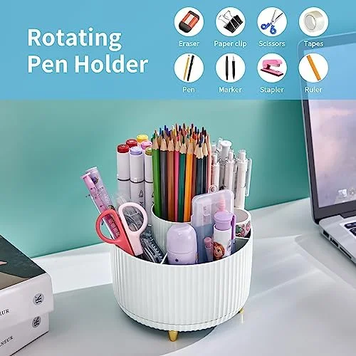 Marbrasse Desk Organizer, 360-Degree Rotating Pen Holder, Desk Organizers and Accessories with 5 Compartments Pencil Holder, Art Supply Storage Box