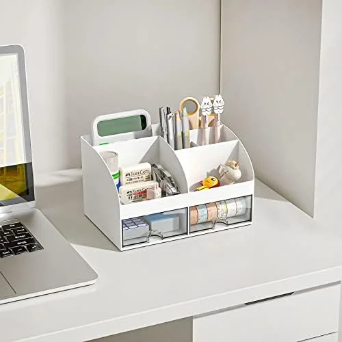 COMFYROOM Desk Organizer with 6 Compartments and 2 Drawers, Plastic Makeup Organizer, Pen Holder for Desktop Storage, Desk Organization for School