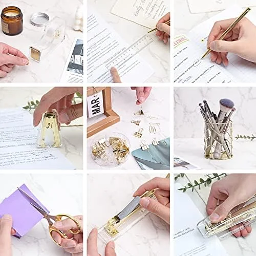 EOOUT Gold Office Supplies Set Desk Accessories, Acrylic Stapler Set Staple Remover, Phone Holder, Tape Holder, Pen Holder, 2 Ballpoint Pen, Scissor