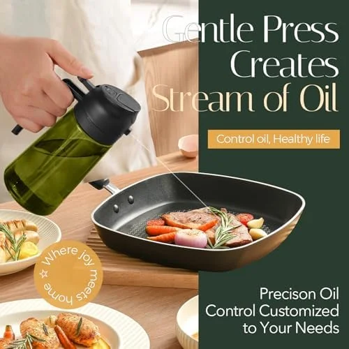 YARRAMATE 16oz/470ml Light-Blocking Dark Oil Sprayer for Cooking, 2 in 1 Olive Oil Dispenser Bottle for Kitchen, Premium Dark Green Glass Oil Bottle