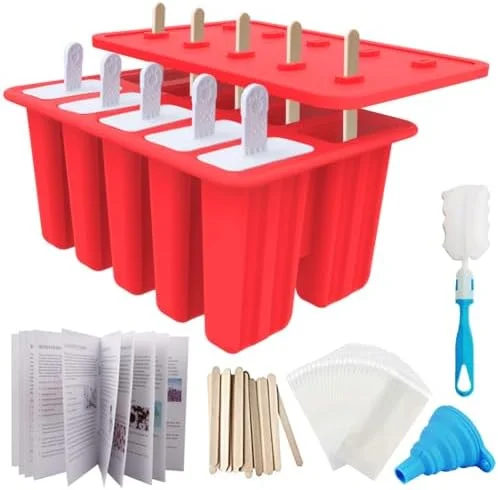 Miaowoof Homemade Popsicle Molds, 10-Cav Non-BPA Silicone Ice Pop Maker, with 50 Sticks, 50 Bags, 10 Reusable Sticks, Funnel, Brush and Ice Pop