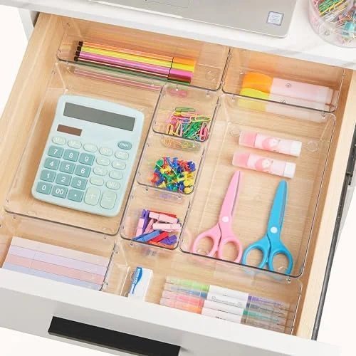 Vtopmart 44 PCS Clear Plastic Drawer Organizers Set, 4-Size Versatile Bathroom and Vanity Organizer Trays, Non-Slip Storage Containers for Makeup