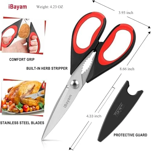 iBayam Kitchen Scissors All Purpose Heavy Duty 2 Pack with Protective Sheath - Stainless Steel Shears Kitchen Utensils Set for Cutting Food Cooking