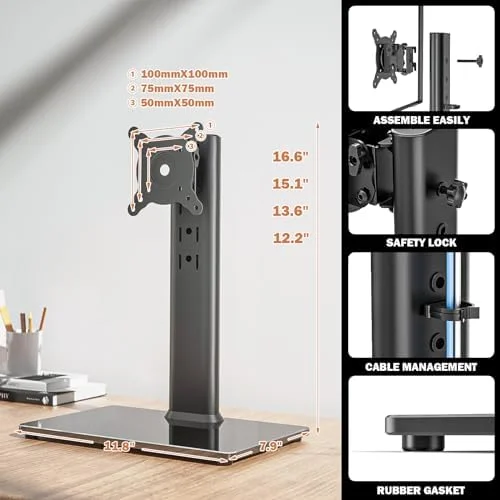 Single LCD Computer Monitor Free-Standing Desk Stand Mount Riser for 13 inch to 32 inch screen with Swivel - Height Adjustable, Rotation, Vesa Base