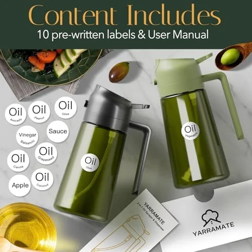 YARRAMATE 16oz/470ml Light-Blocking Dark Oil Sprayer for Cooking, 2 in 1 Olive Oil Dispenser Bottle for Kitchen, Premium Dark Green Glass Oil Bottle