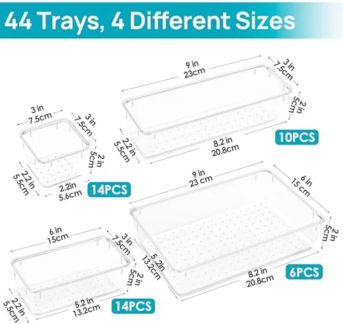 Vtopmart 44 PCS Clear Plastic Drawer Organizers Set, 4-Size Versatile Bathroom and Vanity Organizer Trays, Non-Slip Storage Containers for Makeup