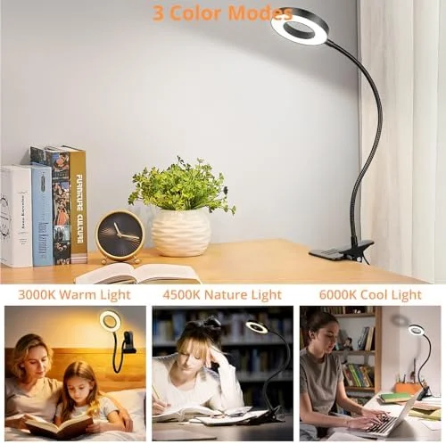Woputne Desk Lamp Clip Light - 10 Dimmable Brightness 3 Light Modes Reading Light, Clamp Bedside Lamp for Painting, Craft, Study (Black)