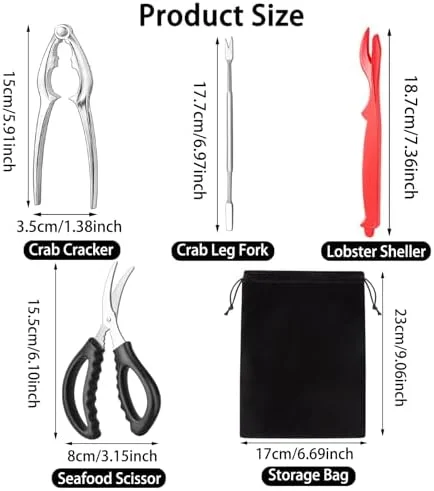 suoundey Seafood Cracker Tool Set With Lobster Sheller Stainless Steel Crab Crackers Crab Leg Fork Seafood Scissors And Storage Bag, Crab Leg Pick