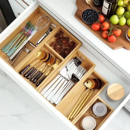 Bamboo Drawer Organizer Set - 5 PCS Multi-Use Individual Wood Storage Organizers, Junk Drawer Divider and Storage Trays Containers for Kitchen