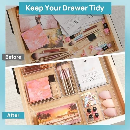 Vtopmart 44 PCS Clear Plastic Drawer Organizers Set, 4-Size Versatile Bathroom and Vanity Organizer Trays, Non-Slip Storage Containers for Makeup