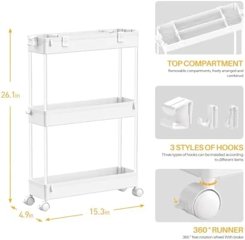 SPACELEAD Slim Storage Cart 3 Tier, Bathroom Organizer Rolling Utility, Mobile Shelving Unit Slide Out for Office, Kitchen, Laundry Room & Narrow