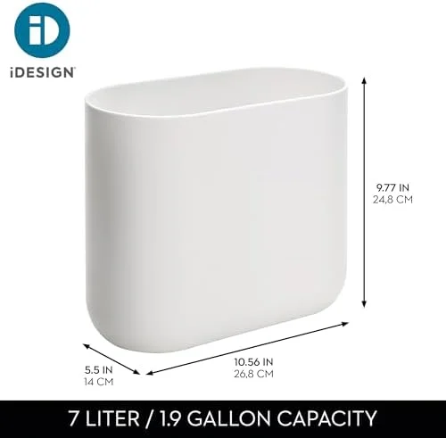 iDesign Small Slim Plastic Bathroom Trash Can - Garbage Can for Bedroom, Office, Desk, Dorm, White