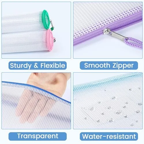 Sooez 20 Pack Mesh Zipper Pouch Bags, A4 Letter Size, Zipper Bags with Label Pocket, Waterproof Pouches for Classroom Organizer, Board Game Toy