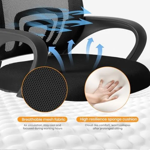 OLIXIS Office Desk Chair - Ergonomic Mid Back with Lumbar Support & Rocking Mode - Height Adjustable with Fixed Armrest, Storage Back for Computer