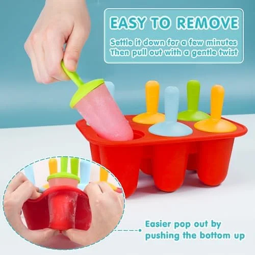 Miaowoof Silicone Popsicles Molds for Toddlers, 6-Cavity Non-BPA Premium Silicone Small Popsicle Molds, Ice Pop Mold with 6 Colorful Reusable Sticks