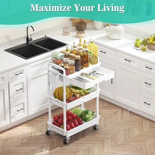 SUNALLY 3 Tier Rolling Cart with Drawer, Bathroom Storage Organizer with 2 Lockable Wheels, Multifunctional Rolling Storage Cart for Bathroom