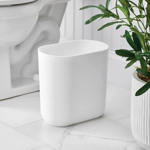 iDesign Small Slim Plastic Bathroom Trash Can - Garbage Can for Bedroom, Office, Desk, Dorm, White