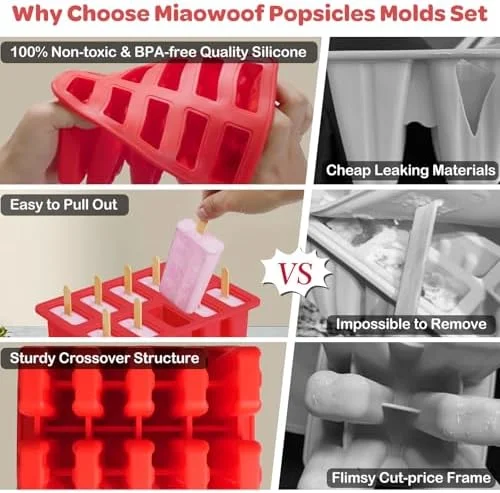 Miaowoof Homemade Popsicle Molds, 10-Cav Non-BPA Silicone Ice Pop Maker, with 50 Sticks, 50 Bags, 10 Reusable Sticks, Funnel, Brush and Ice Pop