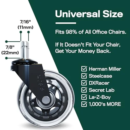 The Office Oasis Original Rollerblade Office Chair Wheels (As Seen On PBS) - Incredibly Smooth & Quiet Casters - Safe for Hardwood Floors & Carpet