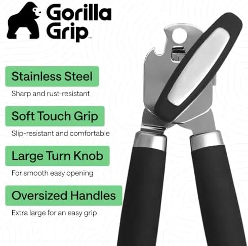 GORILLA GRIP Heavy Duty Stainless Steel Smooth Edge Manual Can Opener and Bottle Openers, US Designed, Comfortable Handle, Oversized Handheld Turn