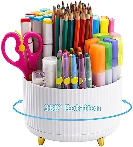 Marbrasse Desk Organizer, 360-Degree Rotating Pen Holder, Desk Organizers and Accessories with 5 Compartments Pencil Holder, Art Supply Storage Box