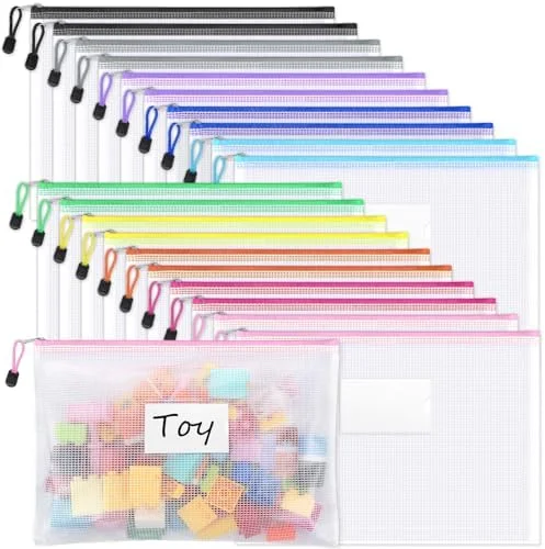 Sooez 20 Pack Mesh Zipper Pouch Bags, A4 Letter Size, Zipper Bags with Label Pocket, Waterproof Pouches for Classroom Organizer, Board Game Toy
