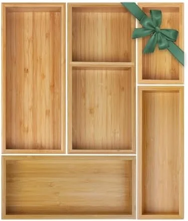 Bamboo Drawer Organizer Set - 5 PCS Multi-Use Individual Wood Storage Organizers, Junk Drawer Divider and Storage Trays Containers for Kitchen